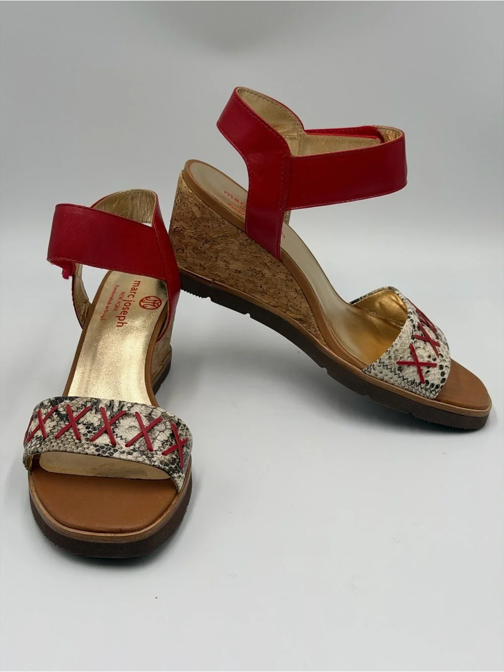Marc Joseph Dyckman Street Sandals Wedge in Red and Beige Size 5